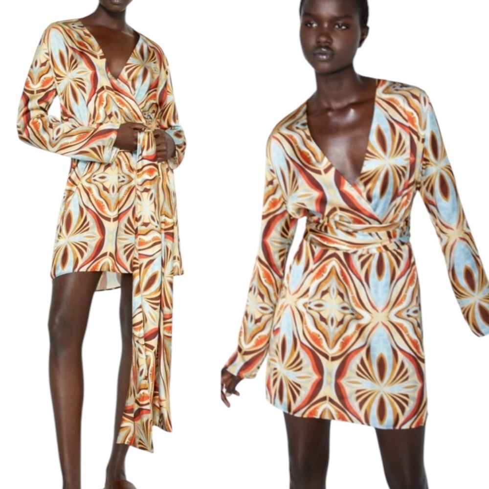NWT Zara Geometric Print Satin Wrap Tie Waist Mini Dress - M
